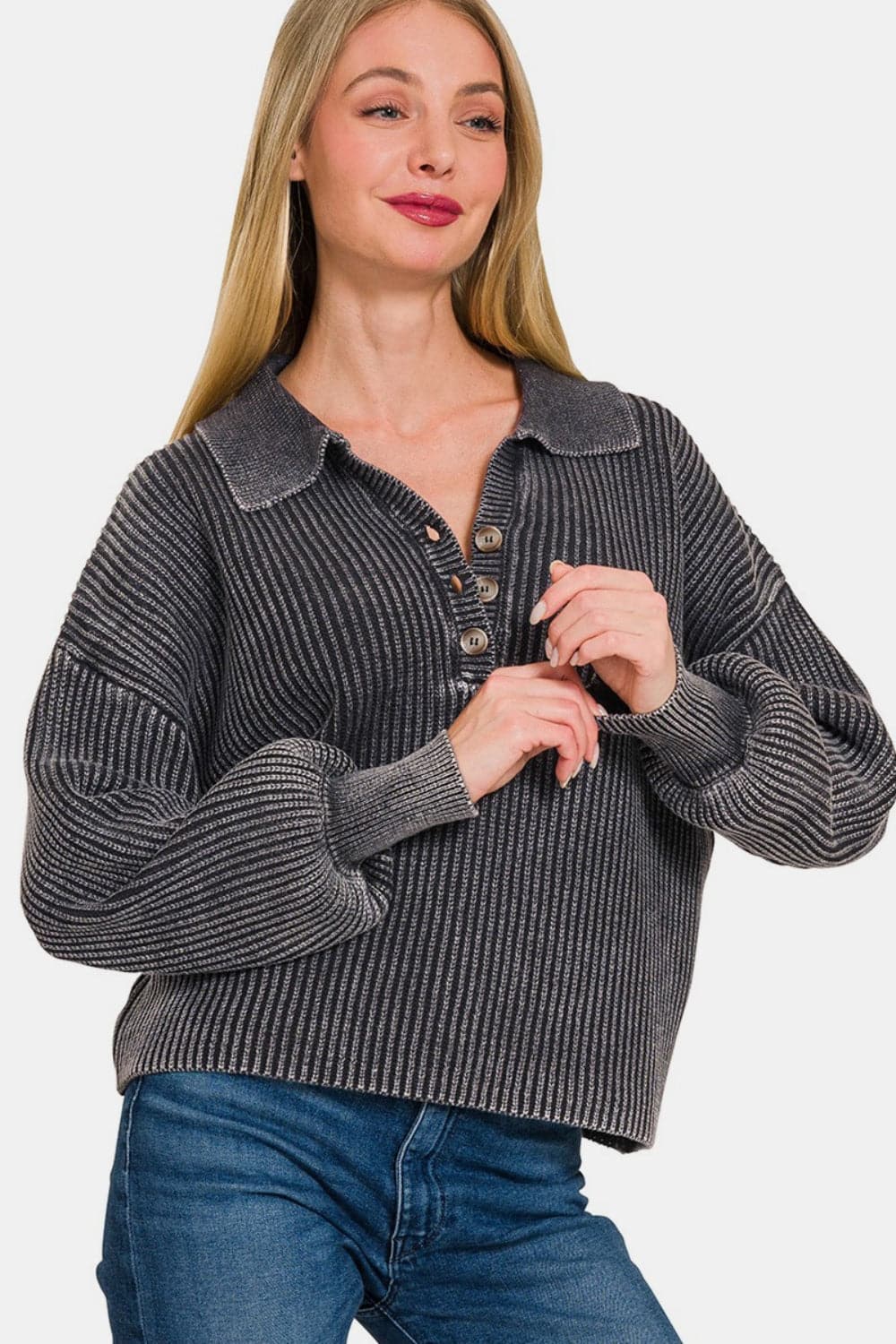 Zenana Washed Half Button Long Sleeve Sweater.