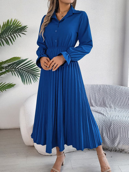 Pleated Half Button Long Sleeve Midi Dress.