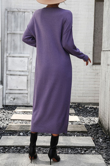 Notched Neck Dropped Shoulder Button-Down Midi Dress.