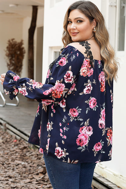 Chic navy blue plus size floral blouse with crochet details and cold shoulder design