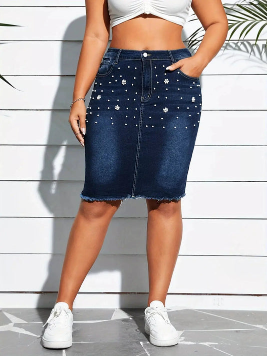 Plus Size Pearl Embellished Frayed Hem Denim Skirt Simply Love
