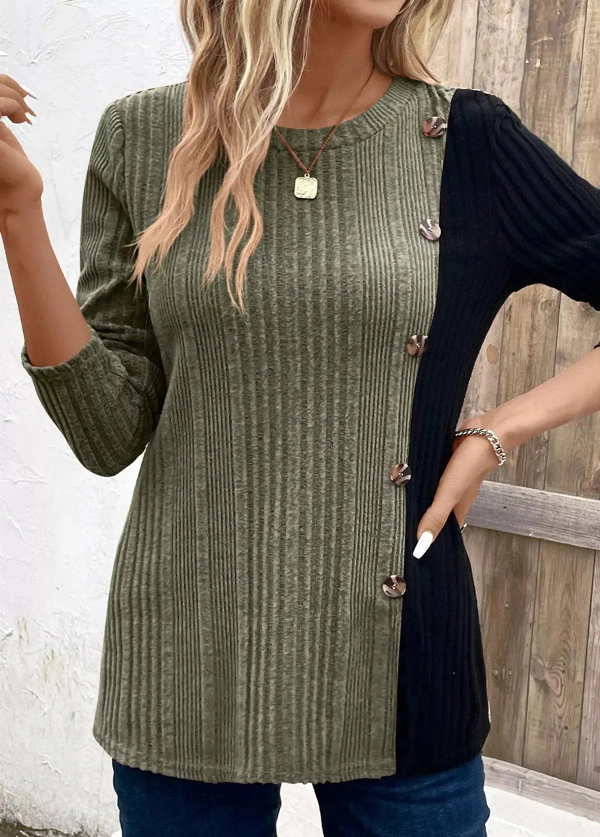 Color Block Ribbed Knit Top With Decorative Buttons Slit Detail Simply Love