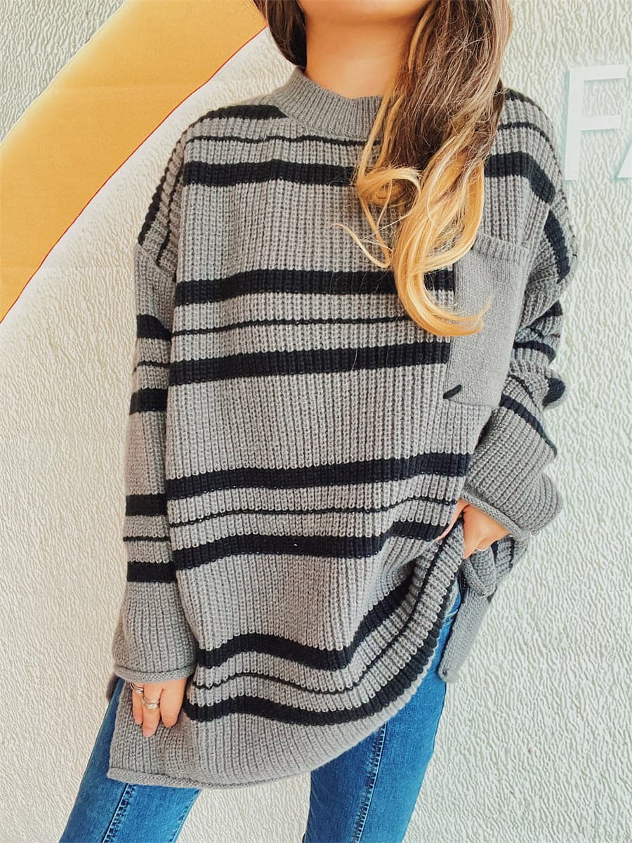 Cozy striped long sleeve sweater with pockets