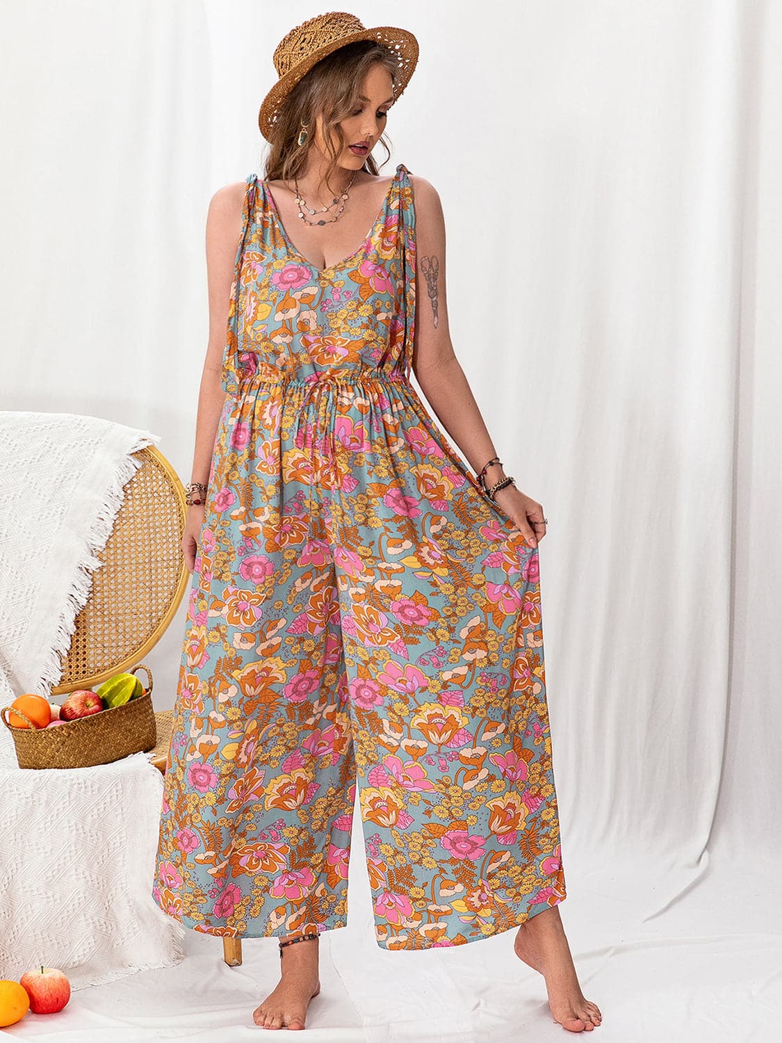 Plus Size Printed Wide Leg Sleeveless Jumpsuit.