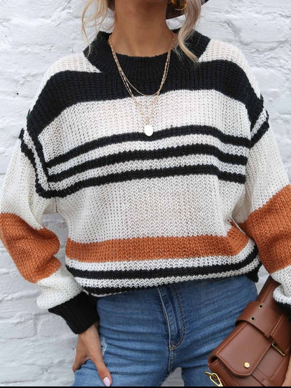 Striped chic round neck long sleeve sweater