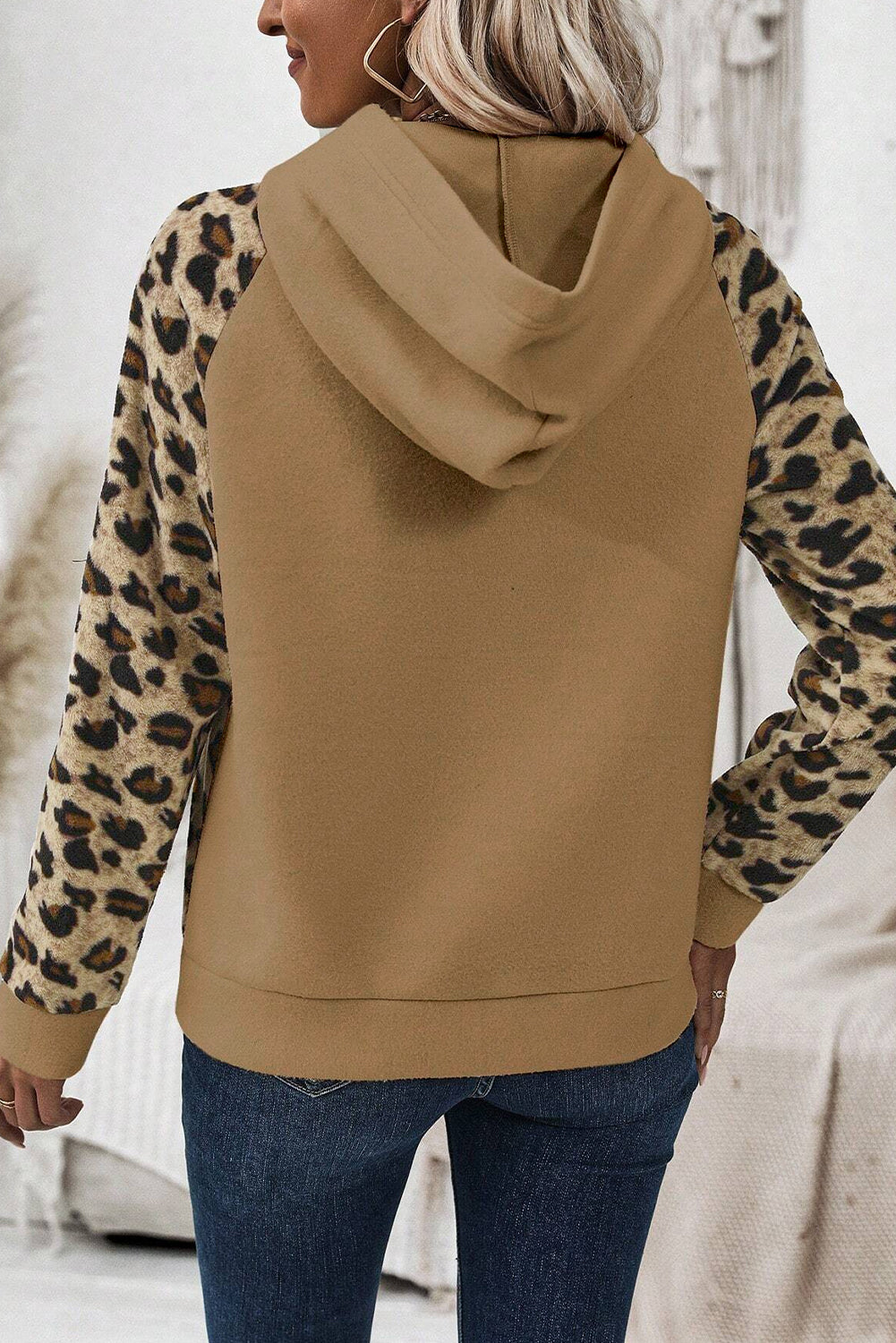 French beige leopard patchwork hoodie with half-button detail and raglan sleeves