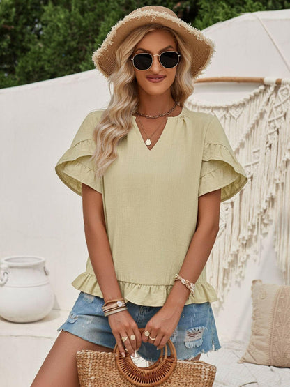 Ruffled Notched Petal Sleeve Blouse.