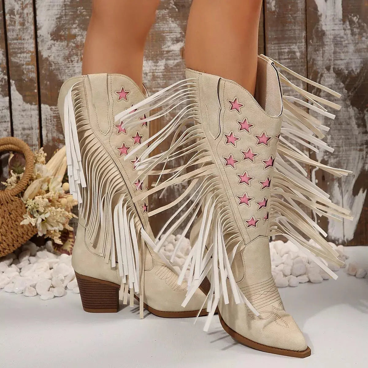 Star Fringe Block Heel Boots Simply Love
