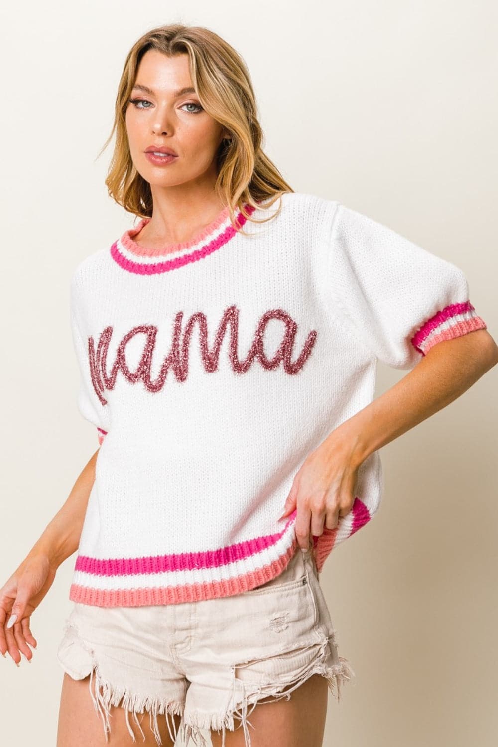 BiBi MAMA Contrast Trim Short Sleeve Sweater.