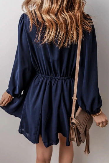 Sheer button-down long sleeve drawstring dress