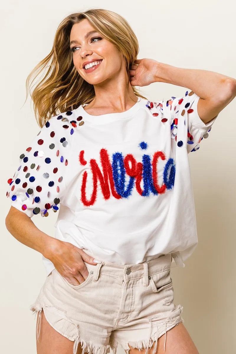 BiBi Metallic Letter Spangle Raglan Puff Sleeve Top - Love Salve 
