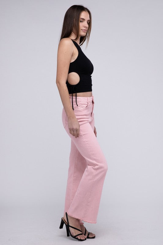 Trendy acid wash frayed hem wide-leg pants