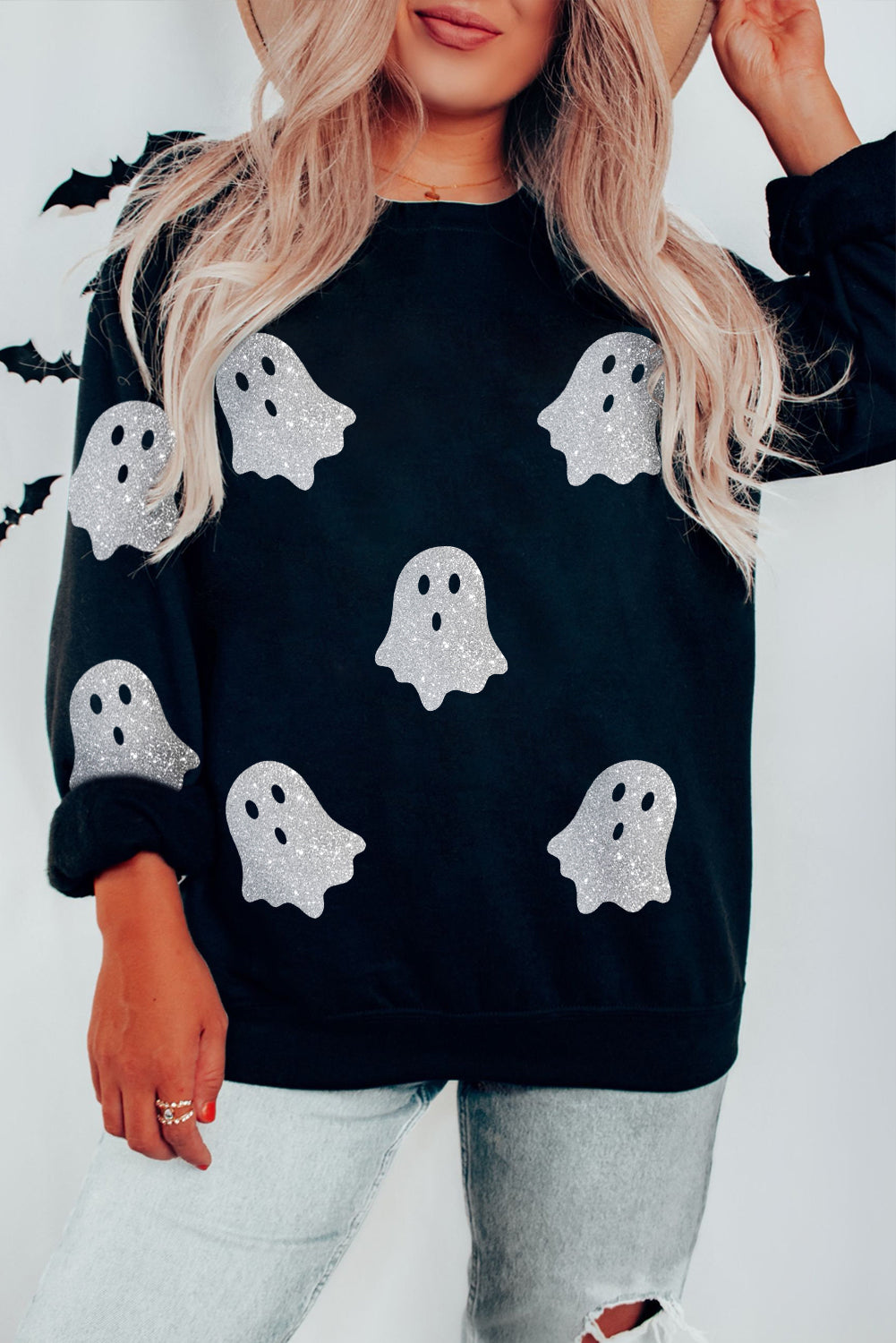 Sparkling Black Ghost Print Halloween Sweatshirt