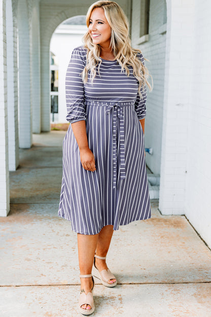 Chic gray striped plus size dress with tie waist and 3/4 sleeves