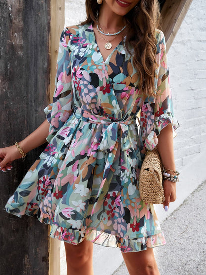 Ruffled Printed Surplice Half Sleeve Mini Dress.