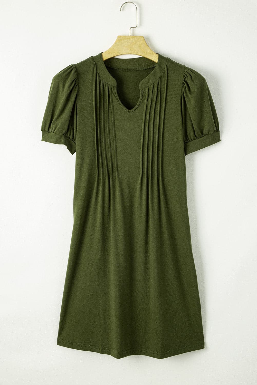 Pin-Tuck Notched Short Sleeve Dress.