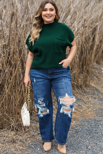 Cozy jungle green plus size mock neck sweater with chest pocket