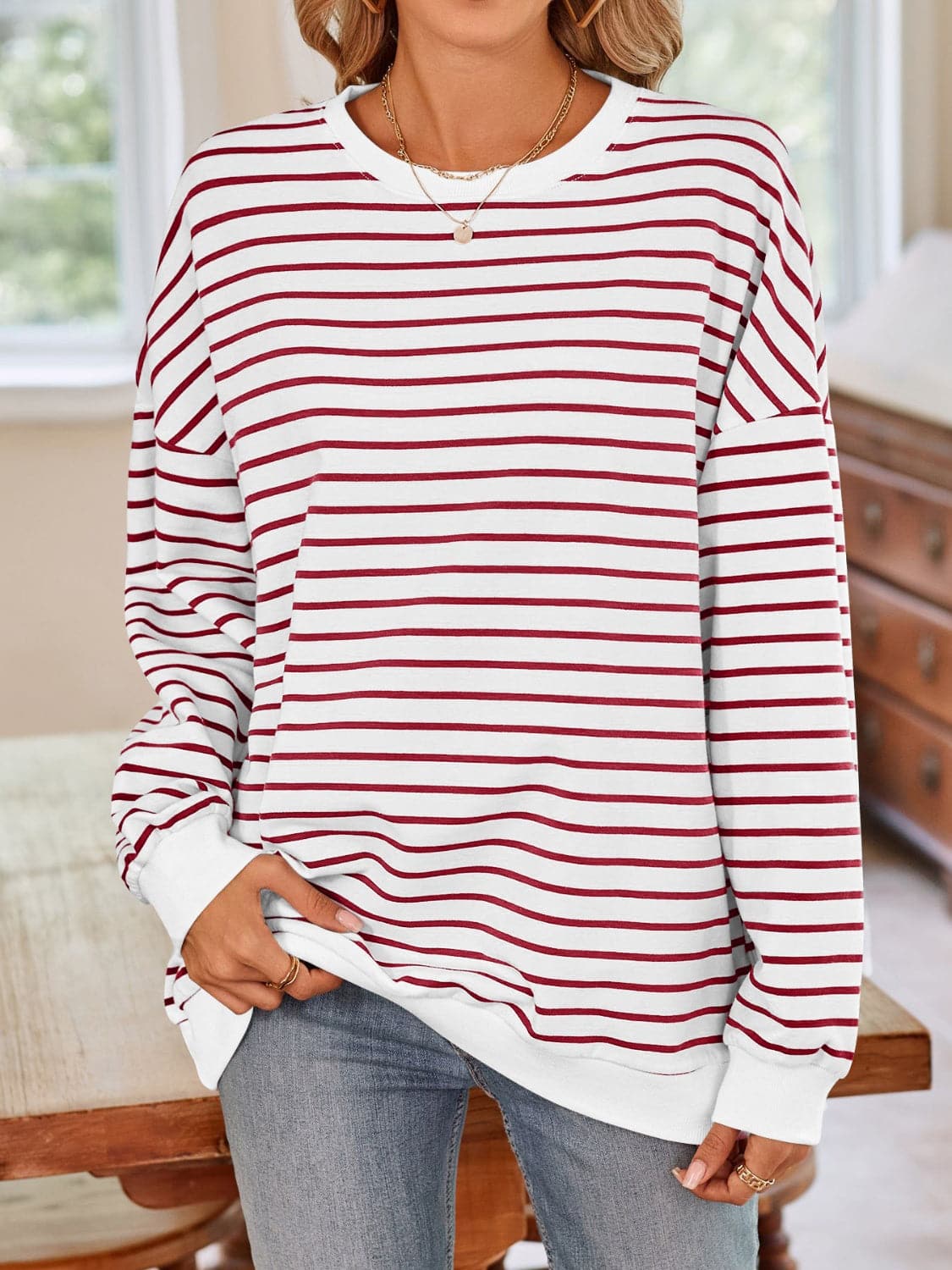 Cozy striped long sleeve crewneck sweatshirt