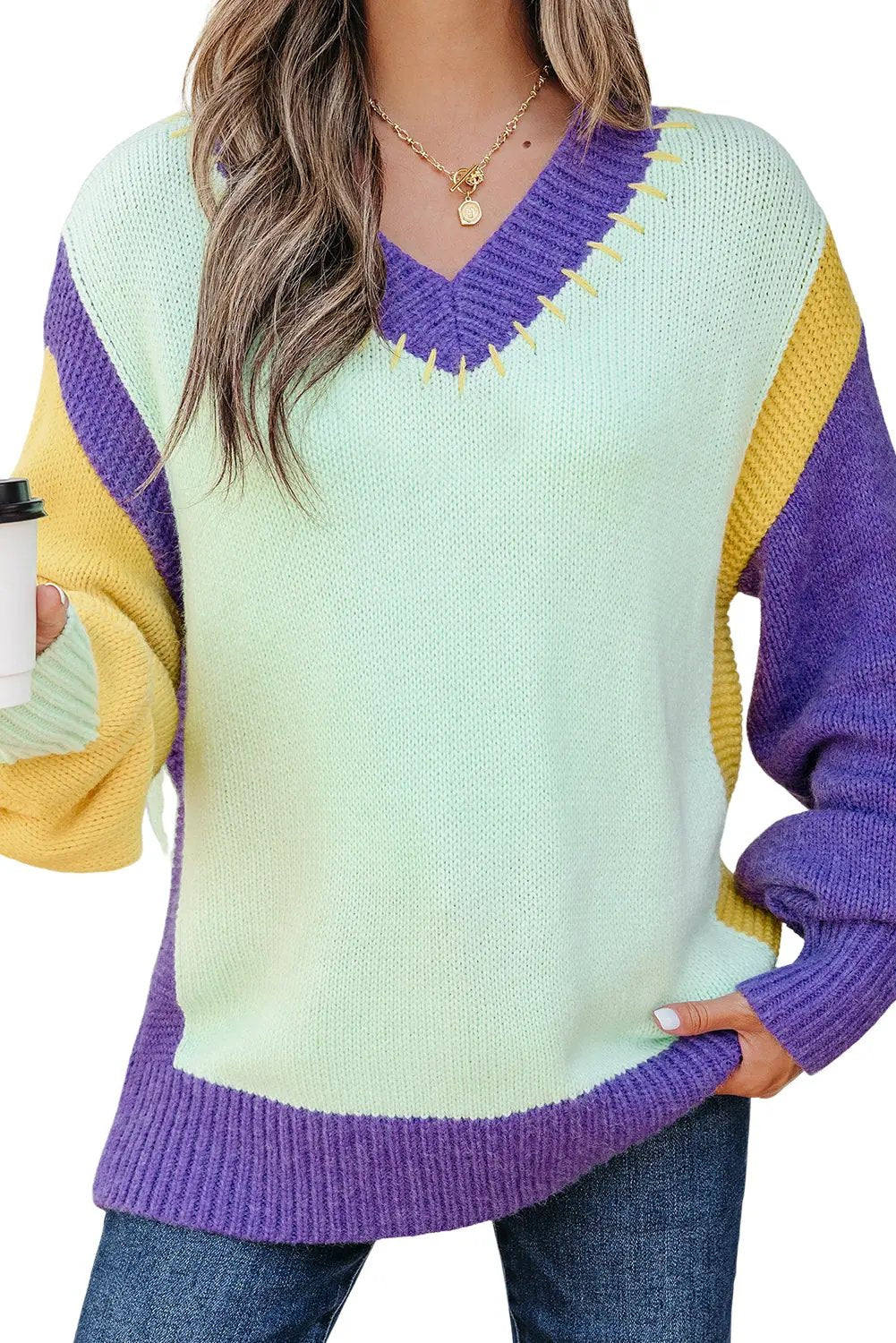 Premium Green Stitched V Neck Color Block Knitted Drop Shoulder Sweater Dear-Lover Dropshipping