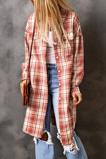 Chic plaid long shacket in fiery red