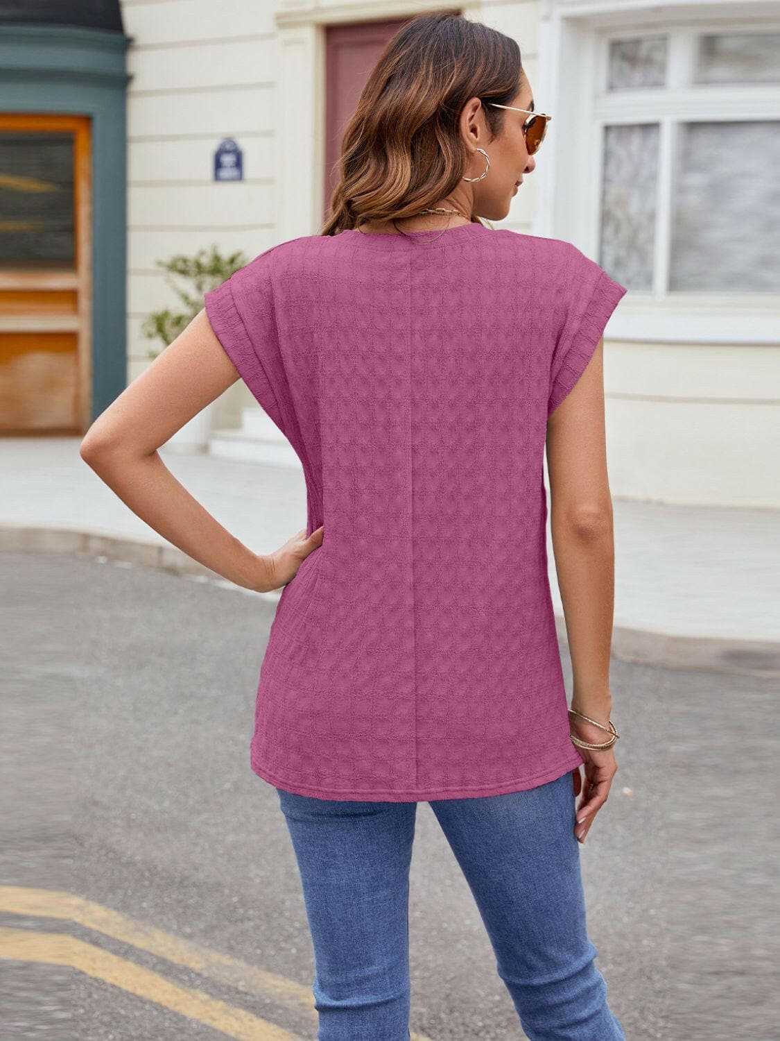 Textured Round Neck Cap Sleeve T-Shirt.