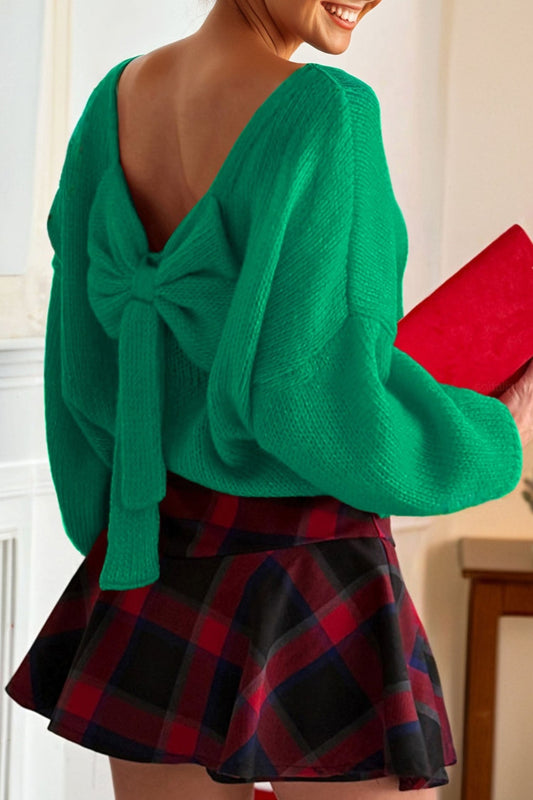 Bright Green Festive Bow Backless Bubble Sleeve Knit Sweater For Women Dear-Lover Dropshipping