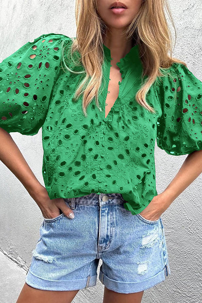 Charming green puff sleeve blouse