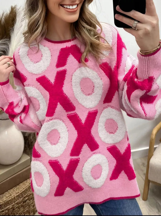 XOXO Pattern Round Neck Sweater Simply Love