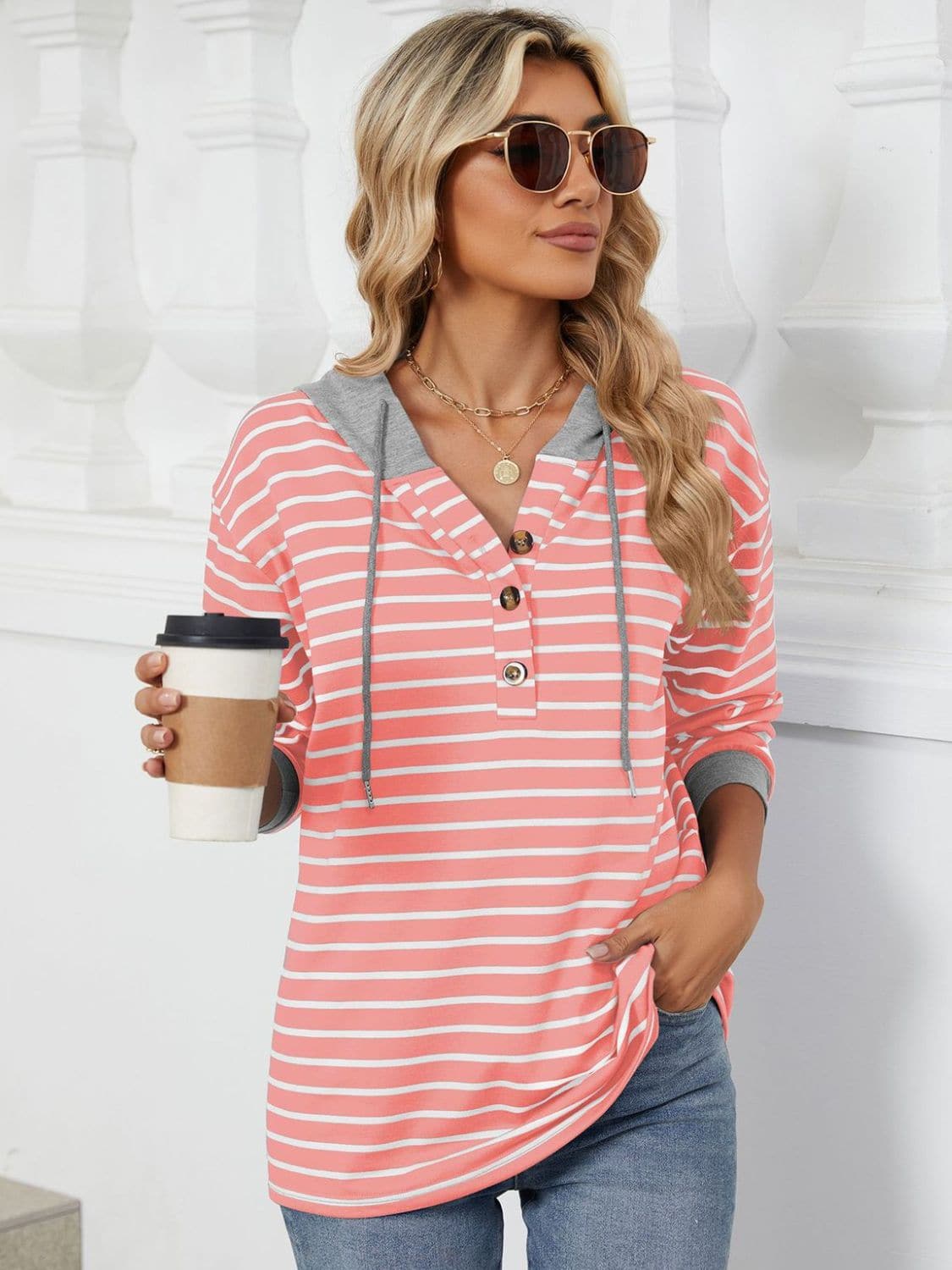 Drawstring Striped Long Sleeve Hoodie.