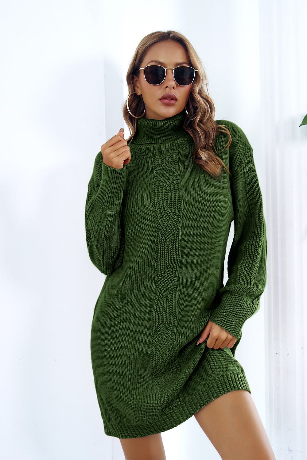 Openwork Turtleneck Long Sleeve Sweater Dress.