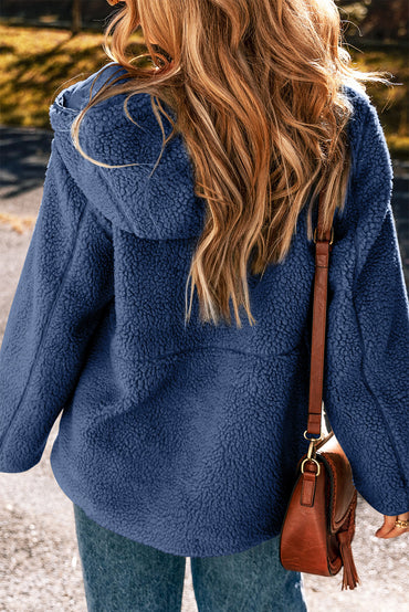 Navy Blue Fleece Zip Up Hooded Jacket With Front Pockets