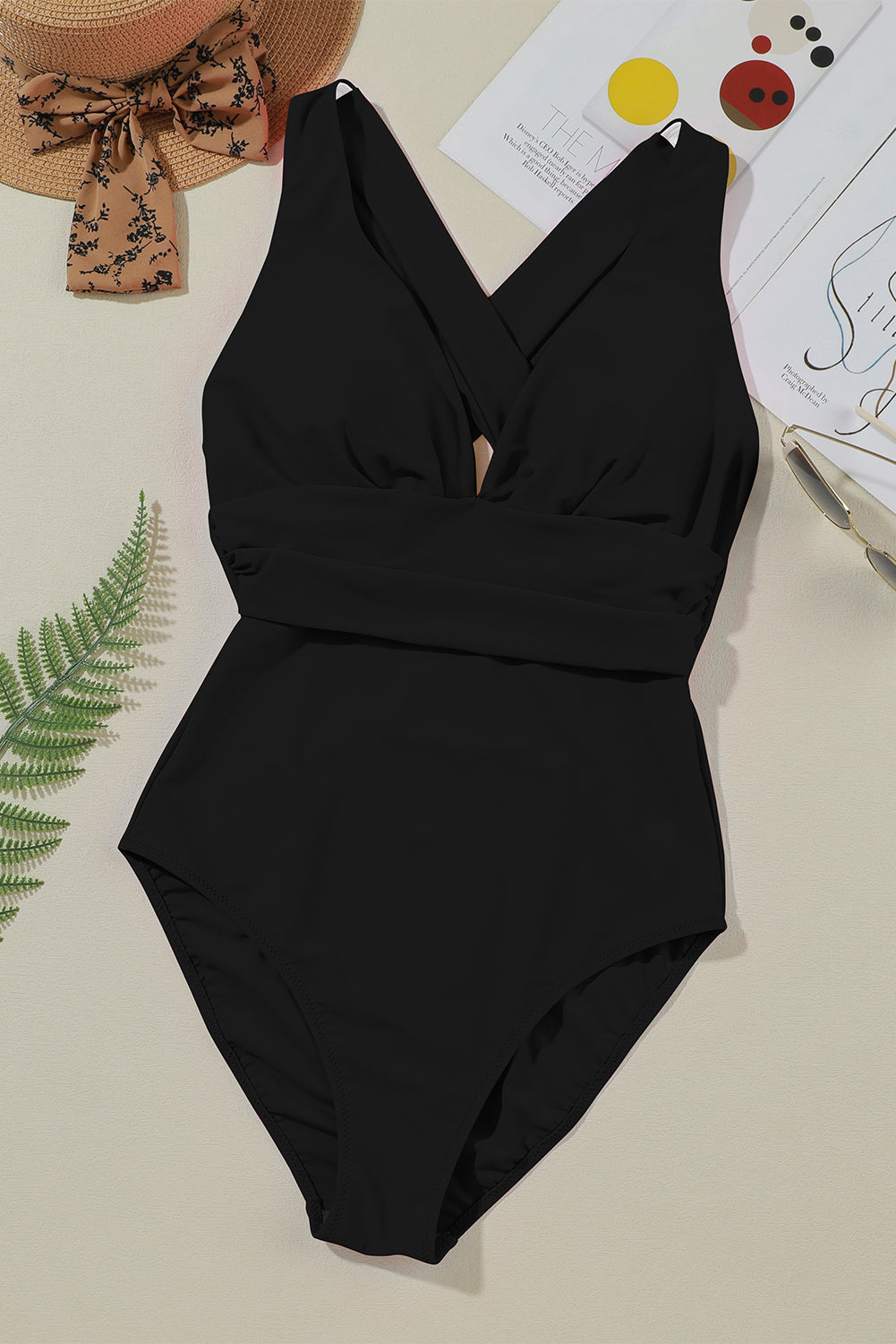 Sleek Black Backless Ruched High-Cut Monokini with Deep V Neck