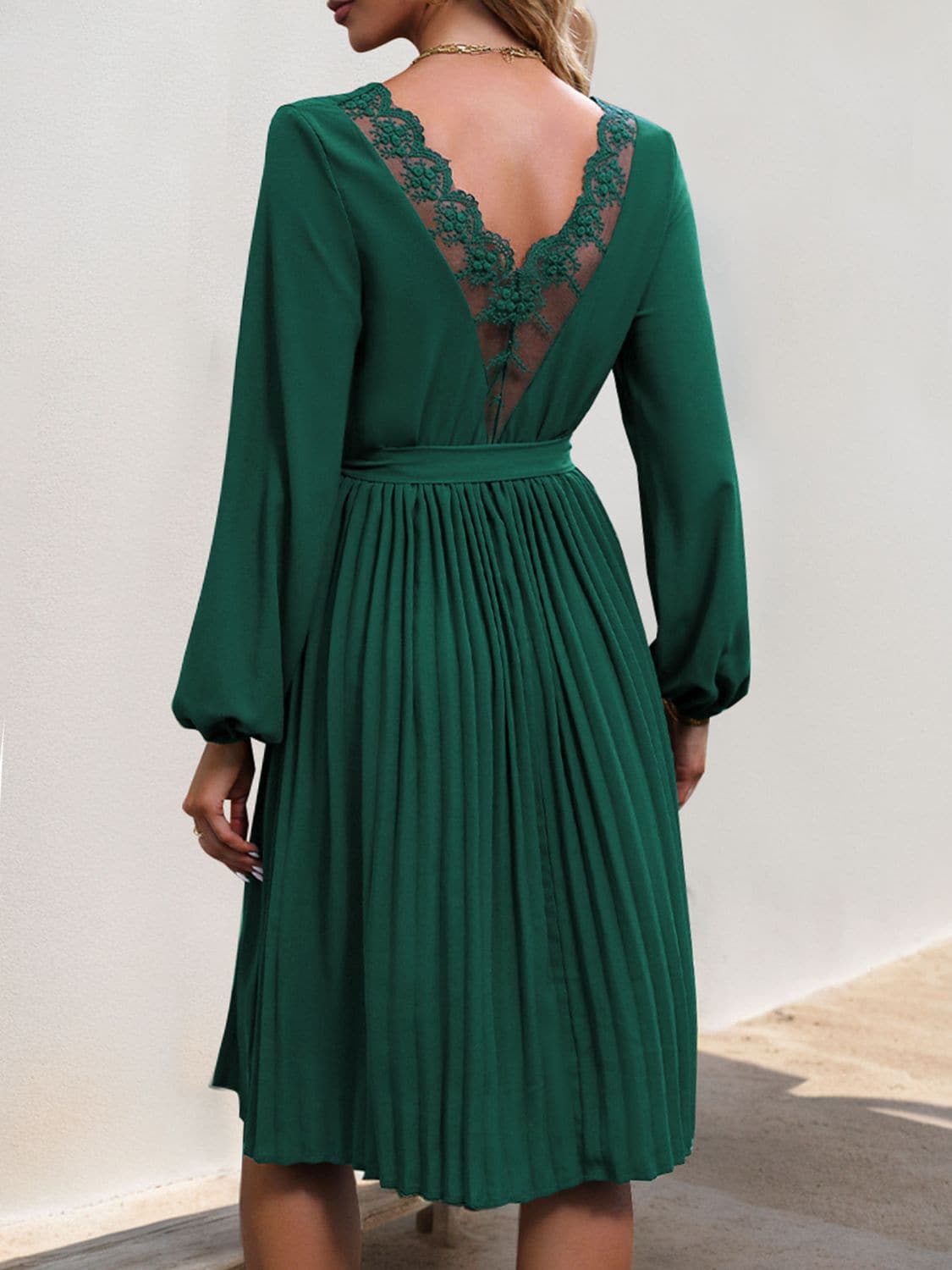 Lace V-Neck Long Sleeve Pleated Dress.