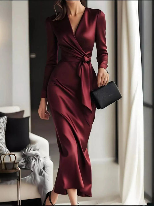 Surplice Satin Long Sleeve Dress Simply Love