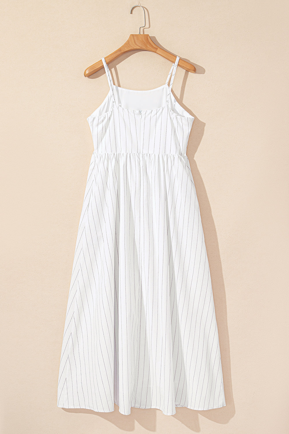 Beige Striped Spaghetti Strap High Waist Maxi Dress with Pockets