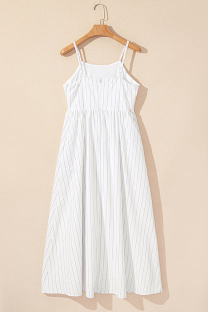 Beige Striped Spaghetti Strap High Waist Maxi Dress with Pockets