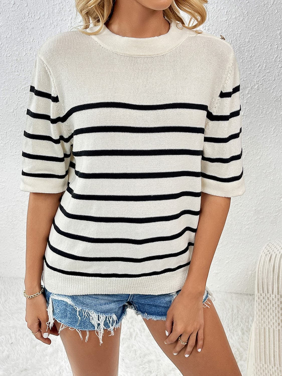 Striped Round Neck Half Sleeve Knit Top.