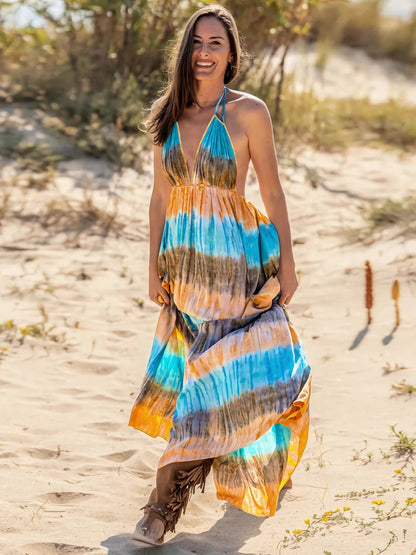 Tie-Dye Halter Neck Sleeveless Dress.