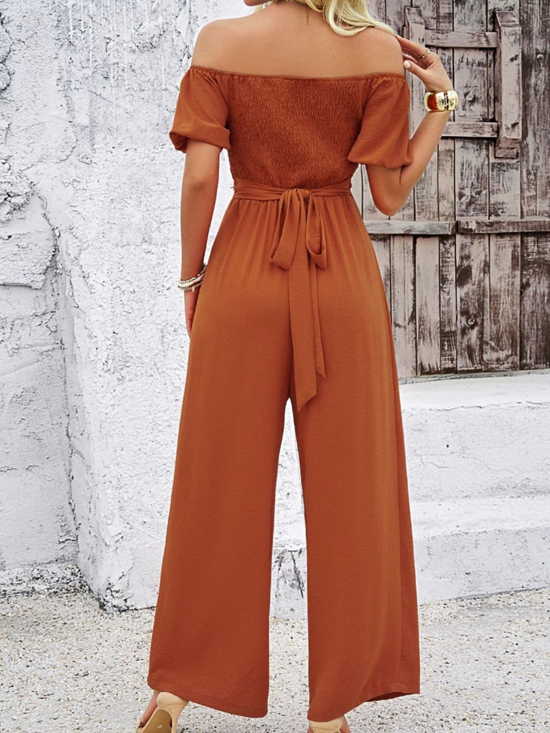 Cutout Off Shoulder Wide Leg Jumpsuit.