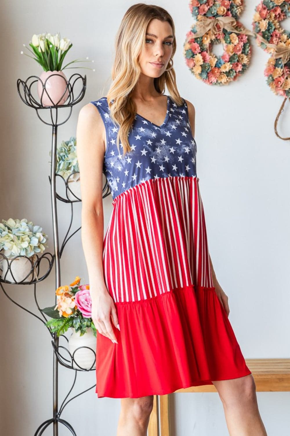 Heimish Full Size US Flag Theme Contrast Tank Dress.