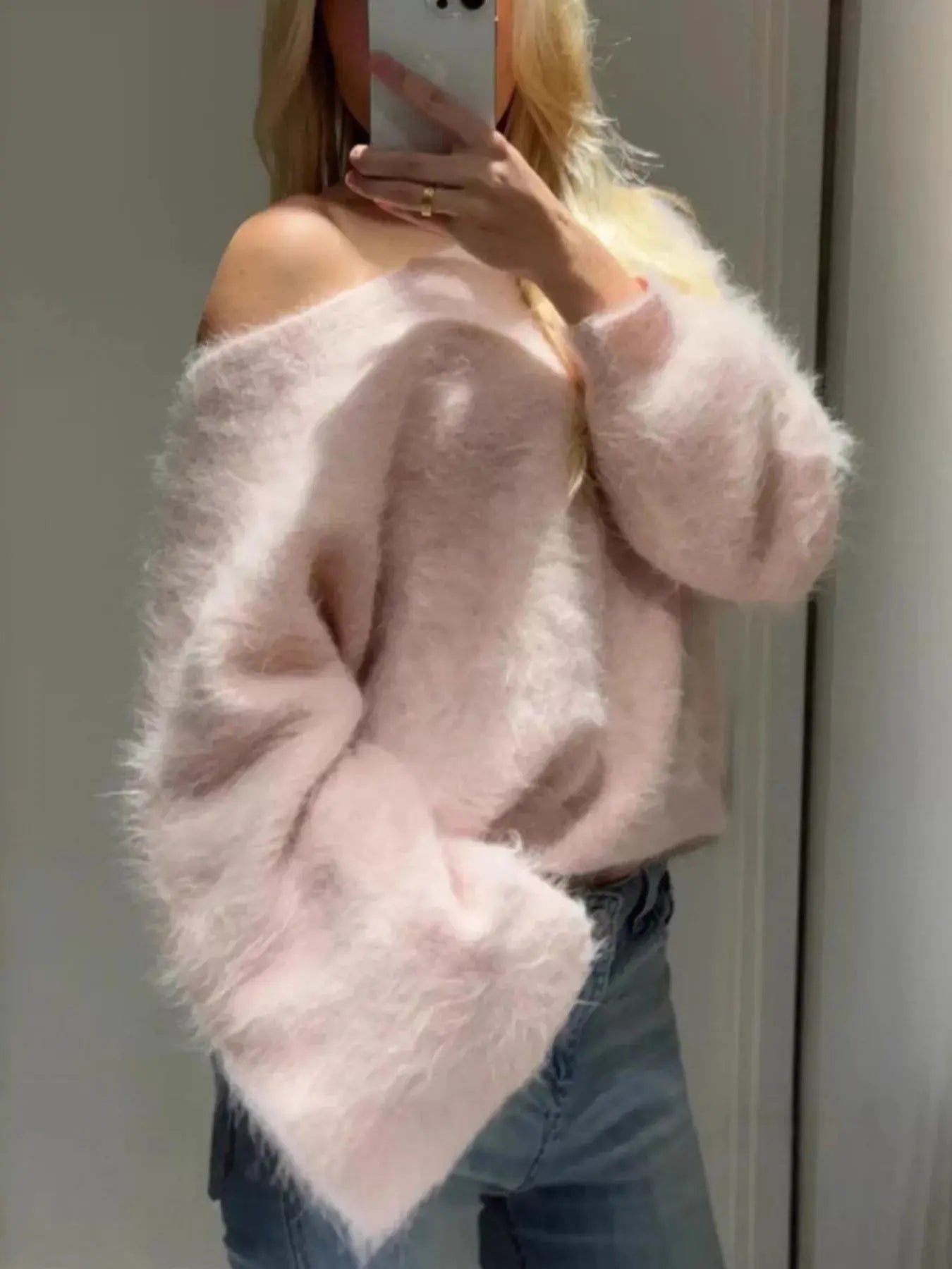 Fuzzy One Shoulder Oversized Pink Acrylic Knit Sweater Simply Love