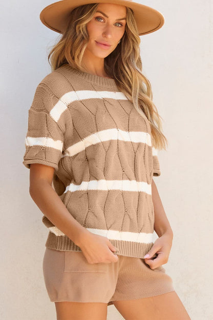 Striped Round Neck Short Sleeve Sweater.