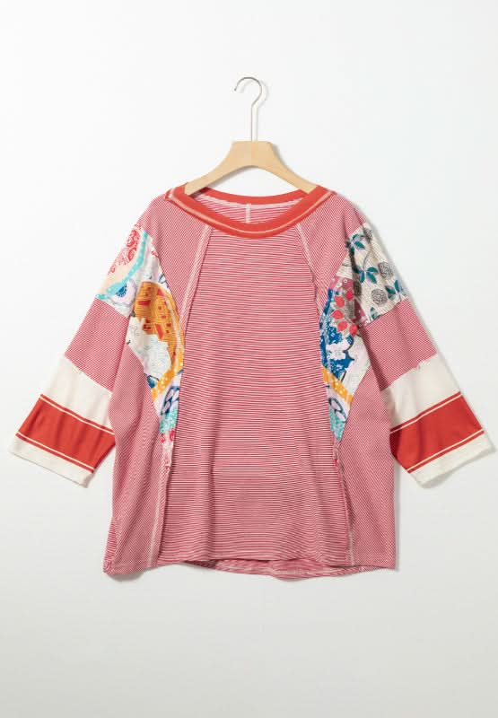 Floral Striped Patchwork Round Neck Blouse