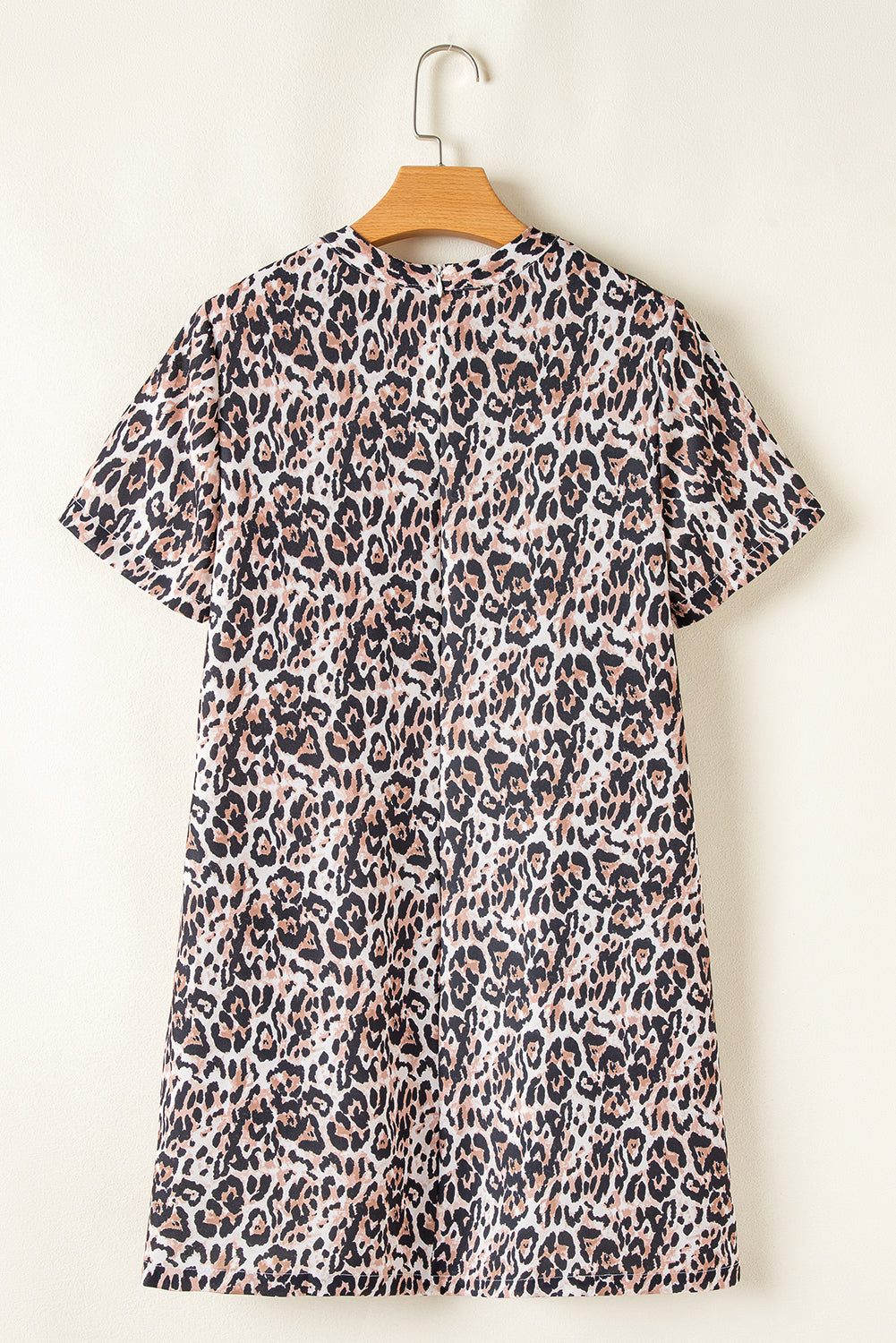 Chic Brown Leopard Print Shift Mini T-Shirt Dress with Crew Neck