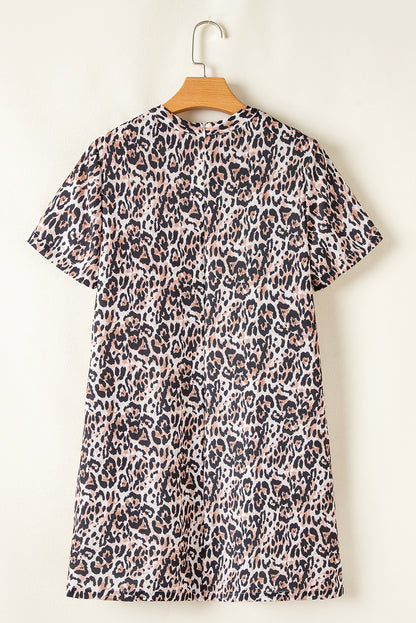 Chic Brown Leopard Print Shift Mini T-Shirt Dress with Crew Neck