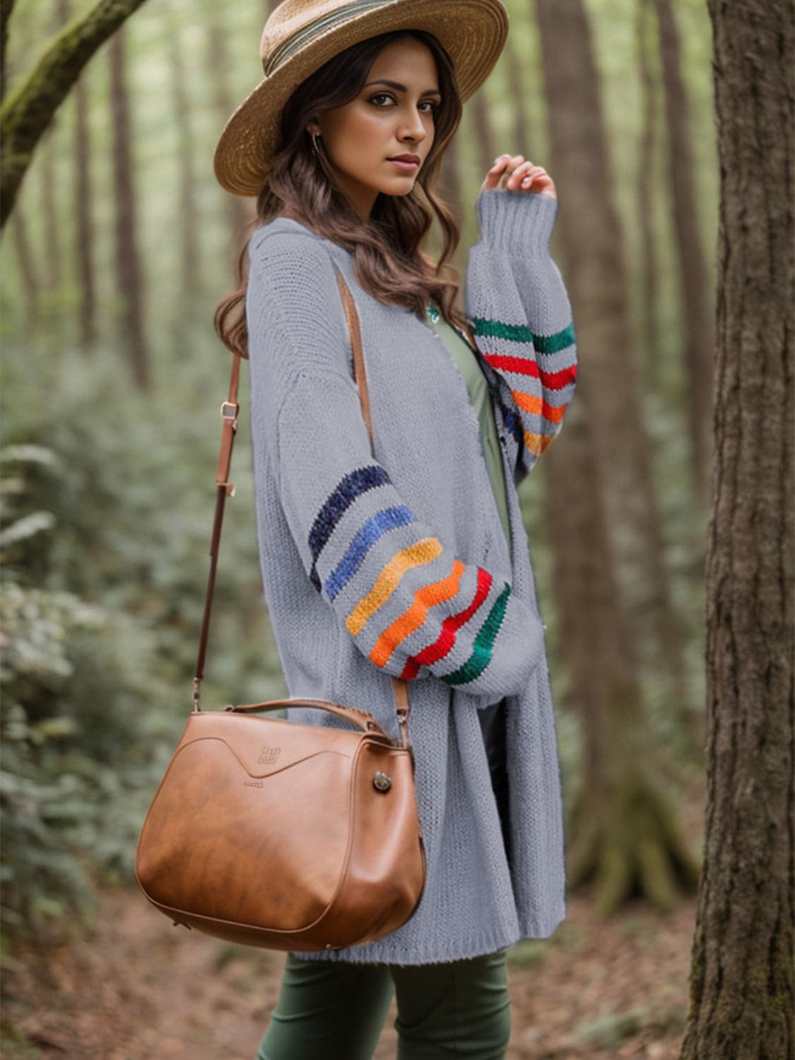 Striped Open Front Long Sleeve Cardigan.