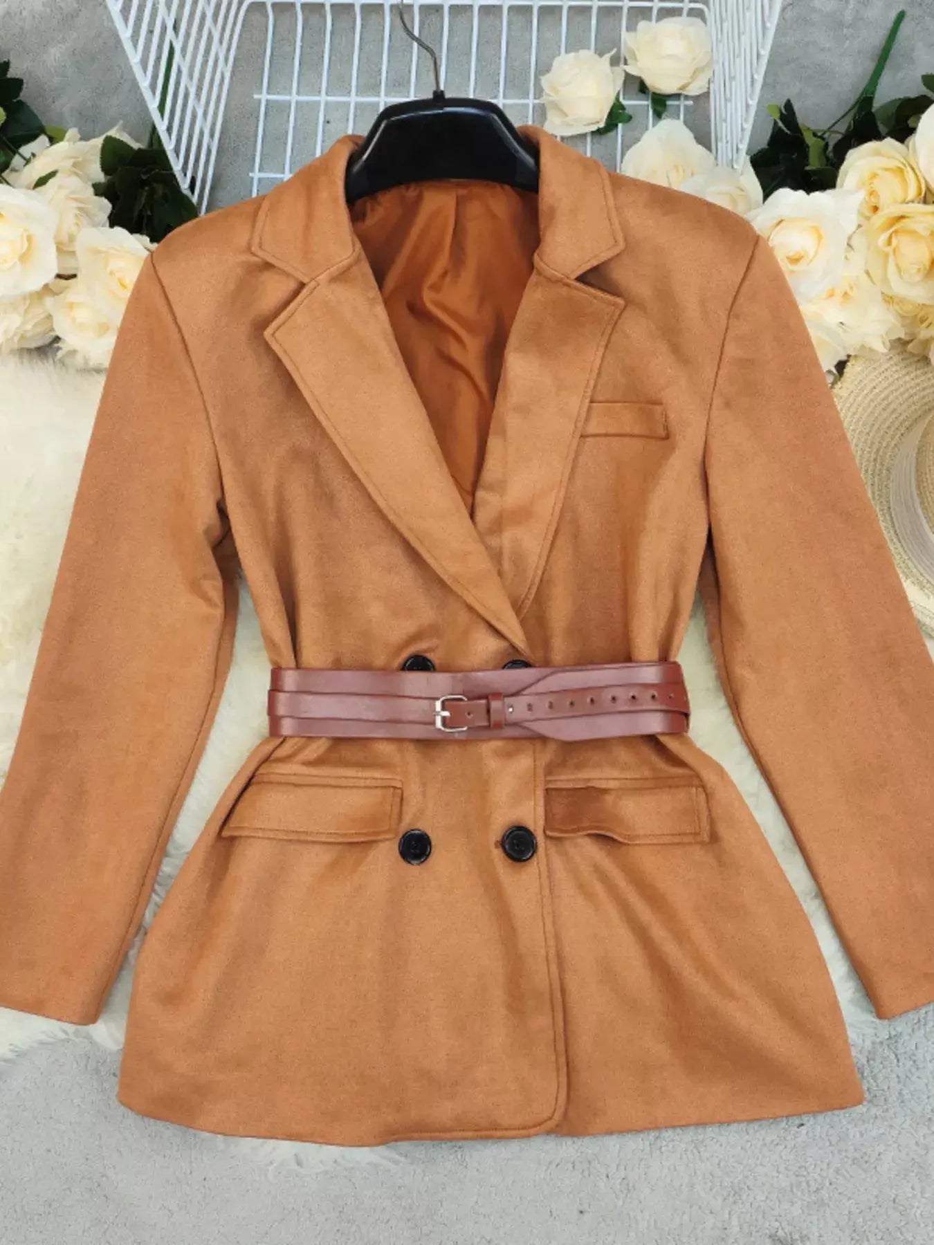 Women's Belted Double Breasted Blazer With Lapel Collar Camel Simply Love