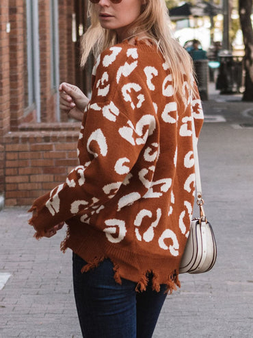 Leopard Frayed Hem Long Sleeve Sweater.