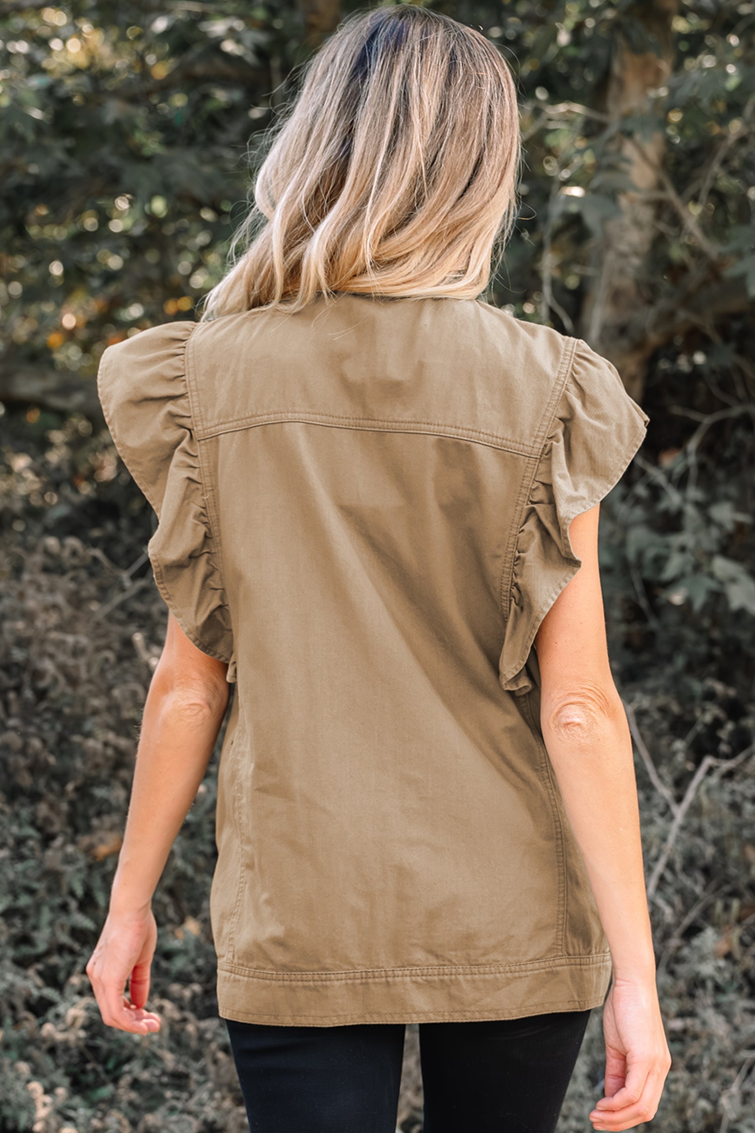 Pale Khaki Ruffled Patchwork Denim Jacket Vest For Women Casual Wear Dear-Lover Dropshipping