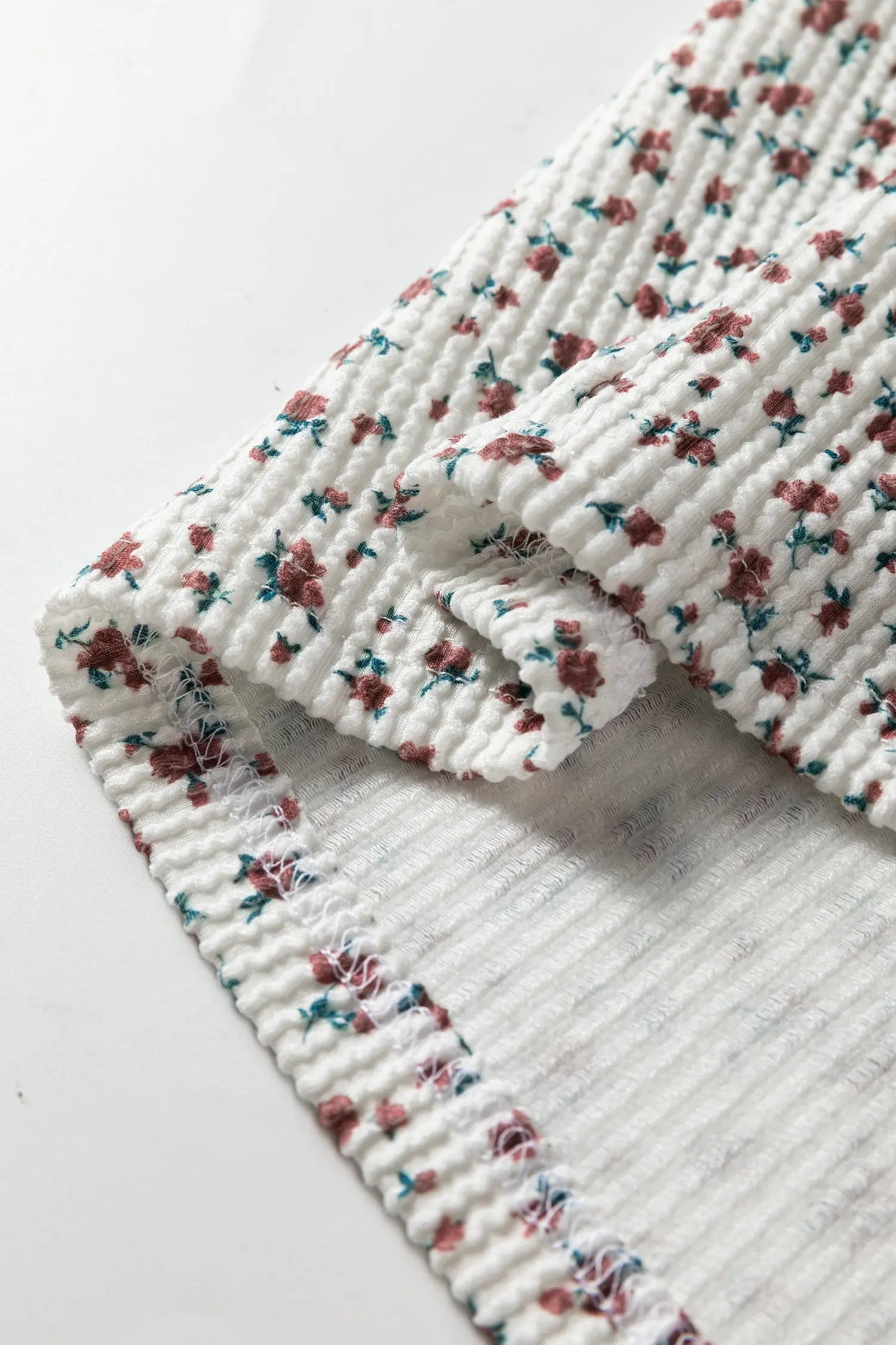 White Spiral Ribbed Floral Print Long Sleeve Henley Top Drawstring Short Set Dear-Lover Dropshipping